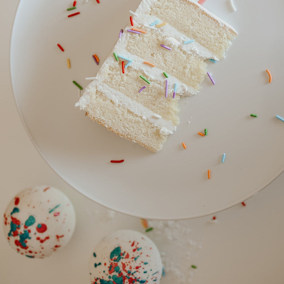 birthday cake bath bomb with birthday cake