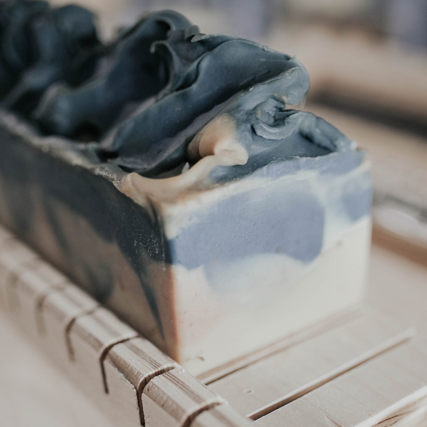 Tobacco Leaf Soap bar on a soap cutter handmade in Manitoba by SOAK Bath Co