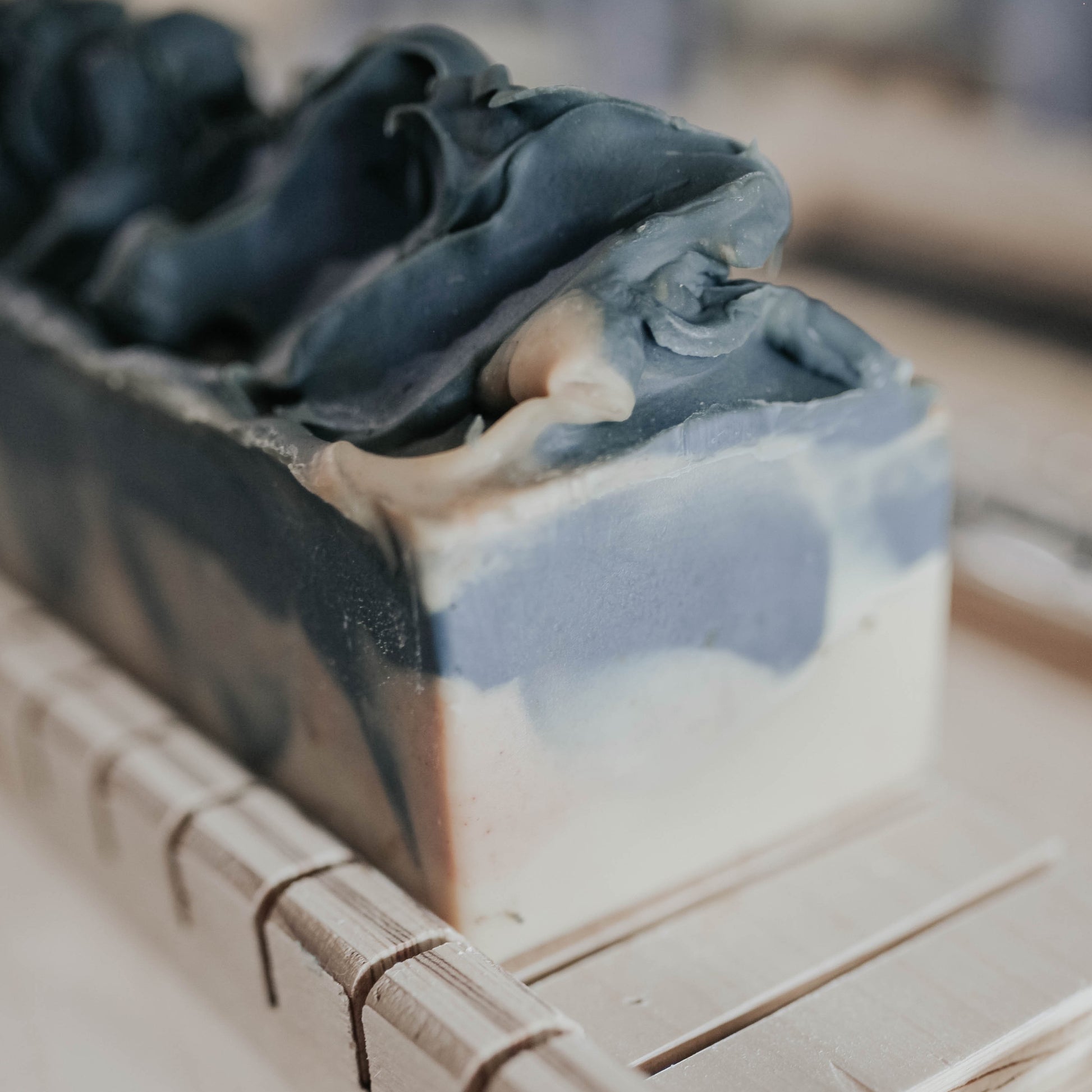 Tobacco Leaf Soap bar on a soap cutter handmade in Manitoba by SOAK Bath Co