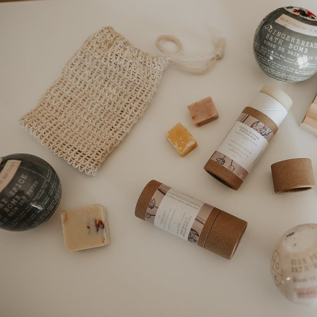 reverse loofah soap bag, soap bag with soap samples