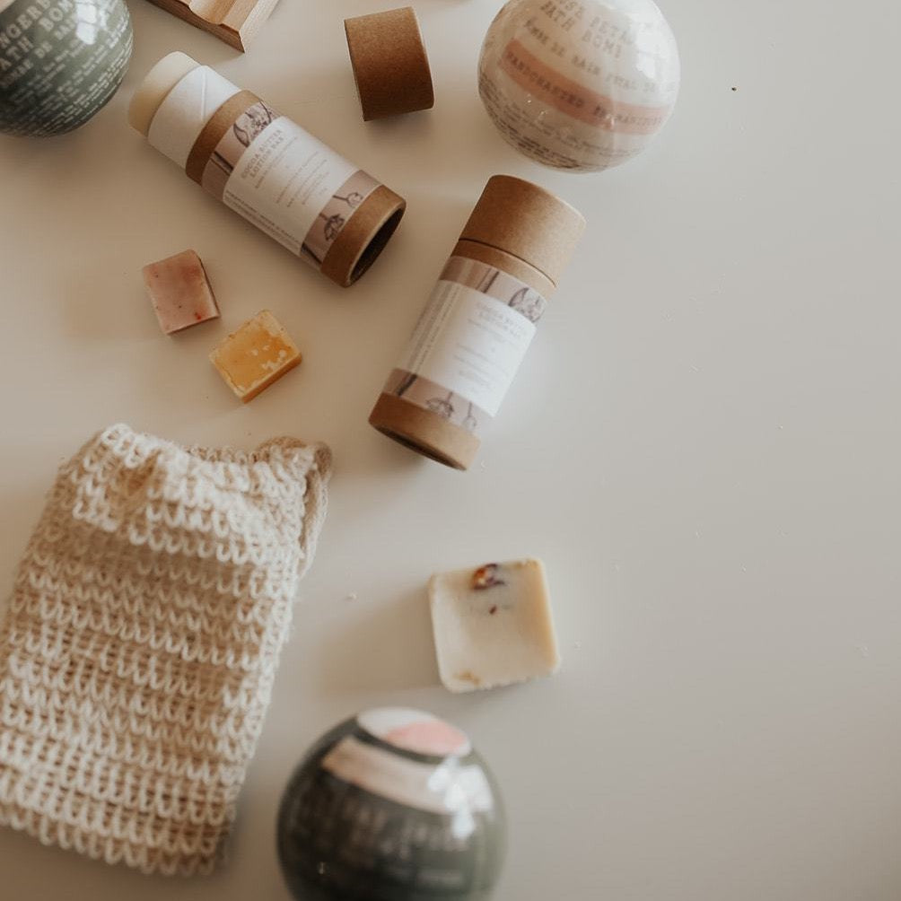 stocking stuffer ideas, soap bag, lotion bars, soap trays and bath bombs by SOAK Bath Co