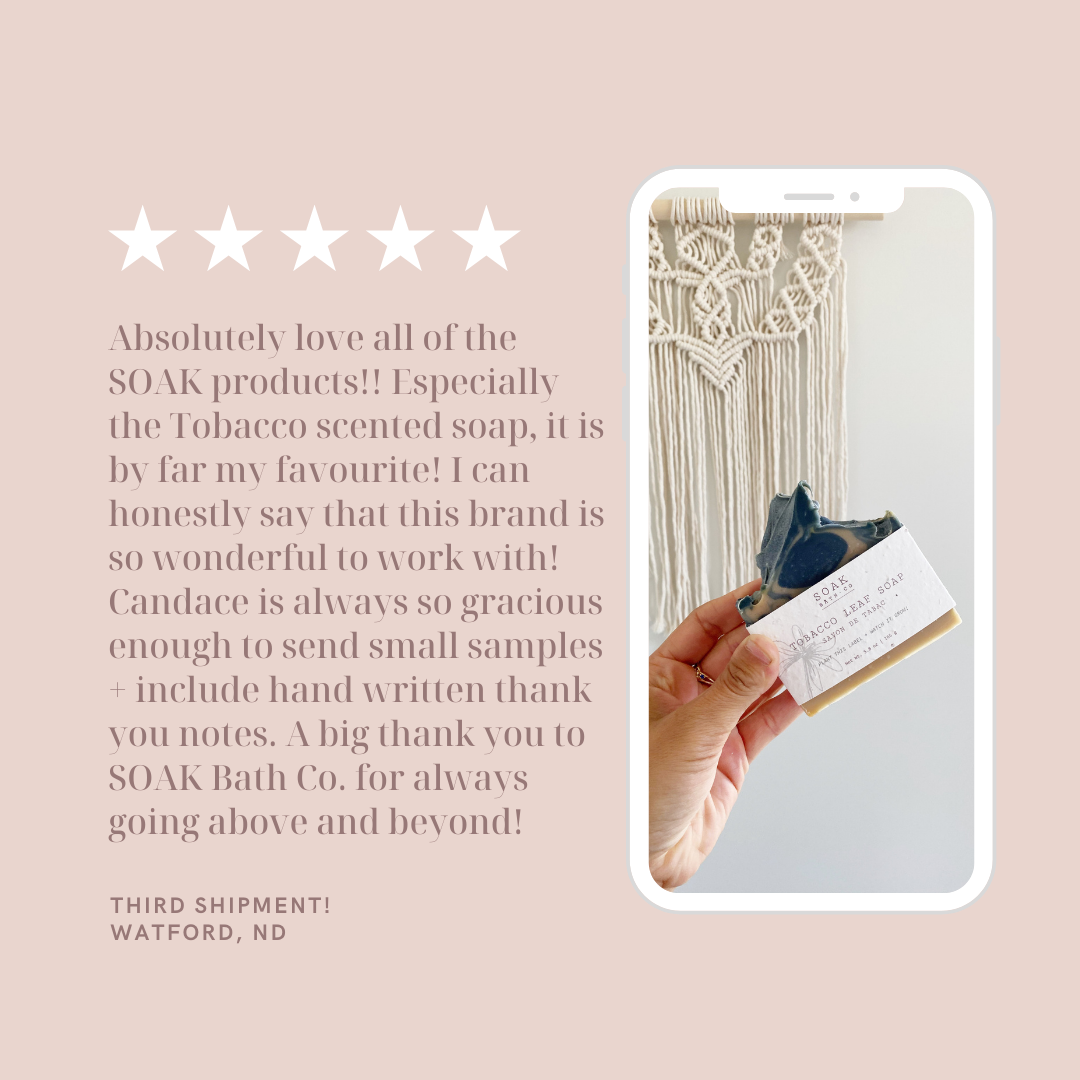 5 star product review of the Tobacco Leaf Soap Bar from SOAK Bath Co