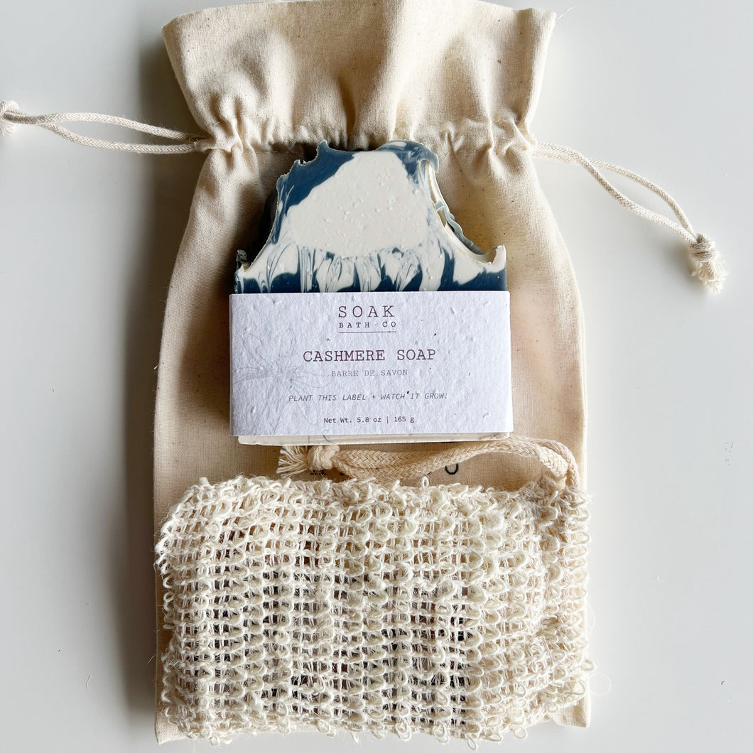 Cashmere Soap Bar with Sisal Soap Saver Bag in a Sustainable Gift Bundle