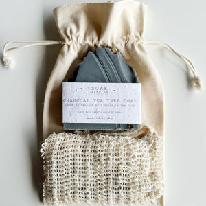 Charcoal Tea Tree Soap Bar with Sisal Soap Saver bag in a sustainable gifting bundle