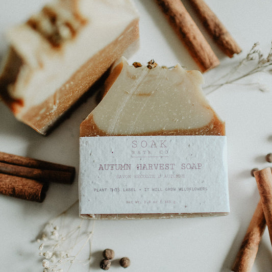 Bar of soap labeled 'Autumn Harvest Soap' with cinnamon sticks and spices on a light background