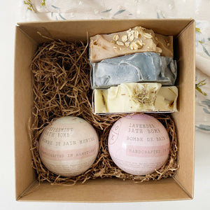 Gift box with 2 bath bombs and three soap bars