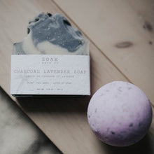 Load image into Gallery viewer, lavender bath bomb and charcoal lavender soap bar