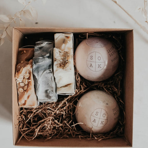 Beautiful gift box with two bath bombs and three soap bars